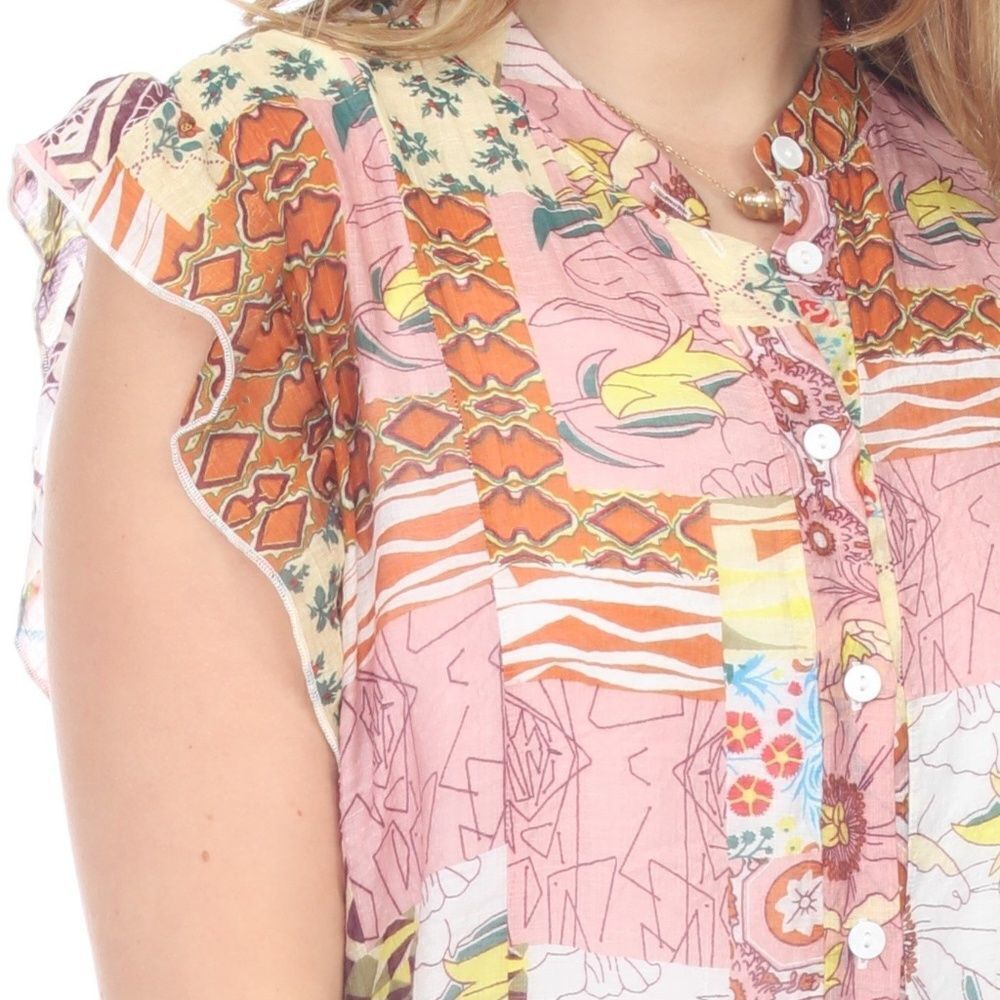 Floral Patchwork Short-Sleeve Blouse - Pink Multi - Picture 2 of 5